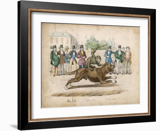 Group of Gentlemen Watch a Monkey Riding a Dog-null-Framed Art Print