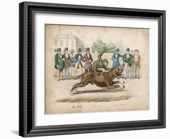 Group of Gentlemen Watch a Monkey Riding a Dog-null-Framed Art Print