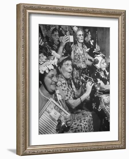 Group of Grandmotherly Residents Playing on Kitchenware Instruments for Friends-Lisa Larsen-Framed Photographic Print