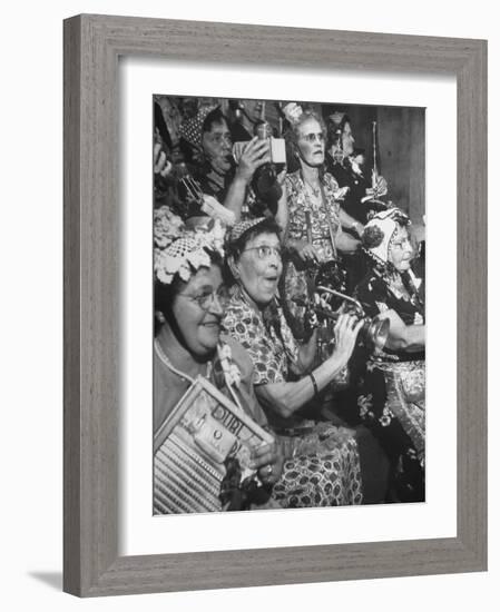 Group of Grandmotherly Residents Playing on Kitchenware Instruments for Friends-Lisa Larsen-Framed Photographic Print