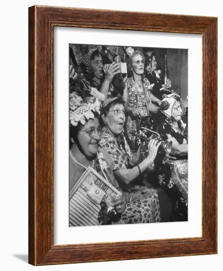 Group of Grandmotherly Residents Playing on Kitchenware Instruments for Friends-Lisa Larsen-Framed Photographic Print