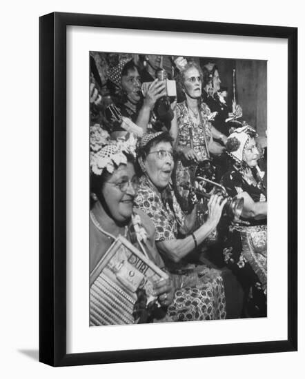 Group of Grandmotherly Residents Playing on Kitchenware Instruments for Friends-Lisa Larsen-Framed Photographic Print