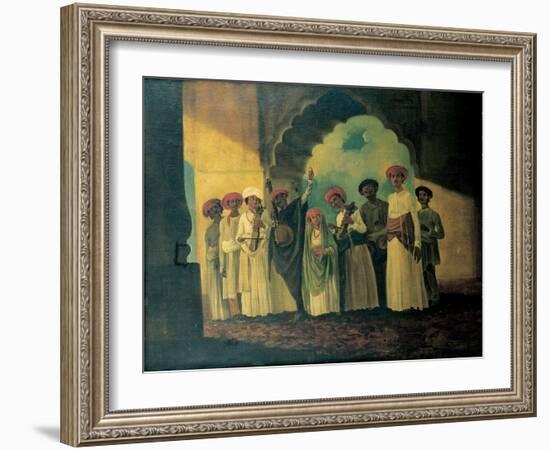 Group of Indian Musicians Playing a Sarangi, a Tambura and Tablas, with a Girl Dancing on a Terrace-William Hodges-Framed Giclee Print