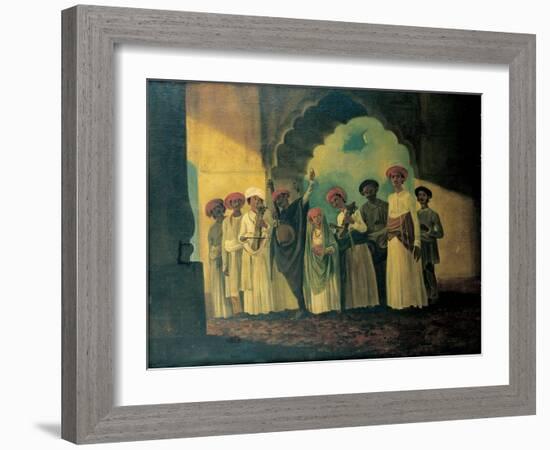 Group of Indian Musicians Playing a Sarangi, a Tambura and Tablas, with a Girl Dancing on a Terrace-William Hodges-Framed Giclee Print