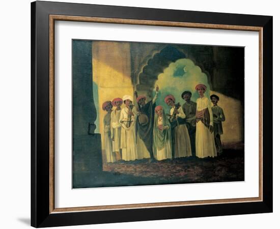 Group of Indian Musicians Playing a Sarangi, a Tambura and Tablas, with a Girl Dancing on a Terrace-William Hodges-Framed Giclee Print