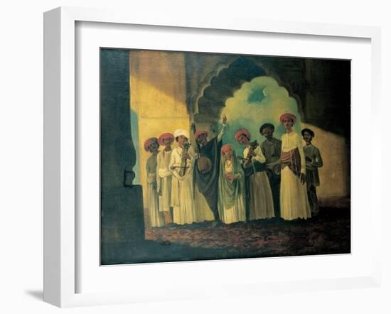 Group of Indian Musicians Playing a Sarangi, a Tambura and Tablas, with a Girl Dancing on a Terrace-William Hodges-Framed Giclee Print