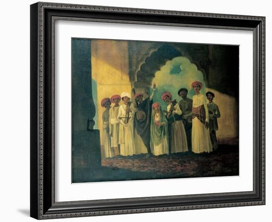 Group of Indian Musicians Playing a Sarangi, a Tambura and Tablas, with a Girl Dancing on a Terrace-William Hodges-Framed Giclee Print