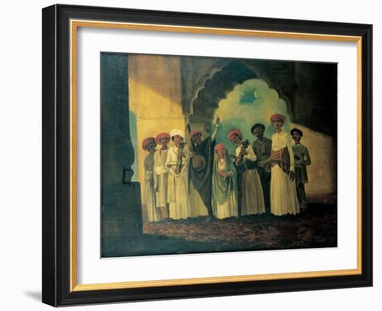 Group of Indian Musicians Playing a Sarangi, a Tambura and Tablas, with a Girl Dancing on a Terrace-William Hodges-Framed Giclee Print