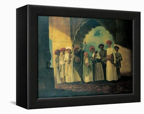 Group of Indian Musicians Playing a Sarangi, a Tambura and Tablas, with a Girl Dancing on a Terrace-William Hodges-Framed Premier Image Canvas