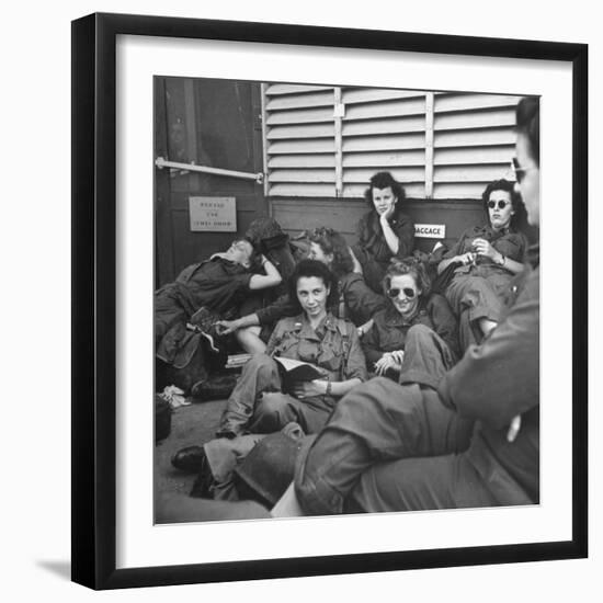 Group of Us Army Nurses Relaxing During Stopover on Guam En Route to their Final Destinations-J^ R^ Eyerman-Framed Photographic Print