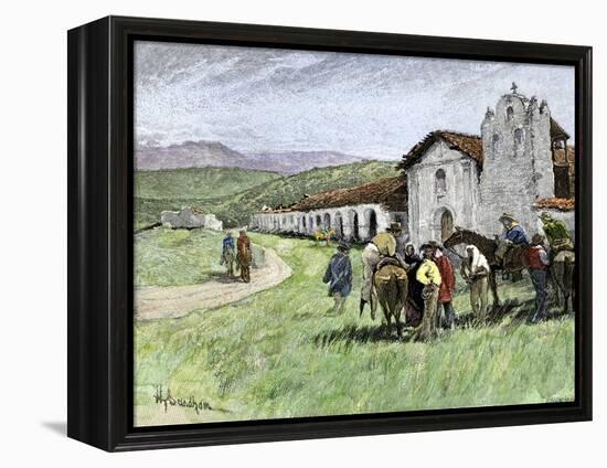 Group of Vaqueros Outside Santa Inez Mission in California, 1800s-null-Framed Premier Image Canvas