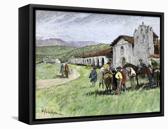 Group of Vaqueros Outside Santa Inez Mission in California, 1800s-null-Framed Premier Image Canvas