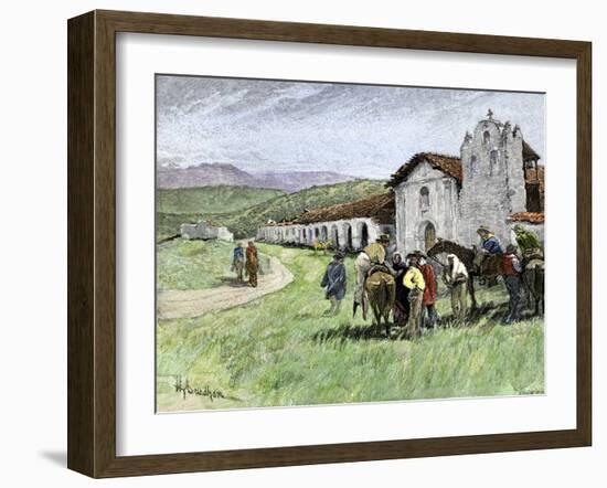 Group of Vaqueros Outside Santa Inez Mission in California, 1800s-null-Framed Giclee Print