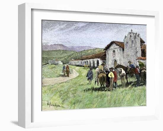 Group of Vaqueros Outside Santa Inez Mission in California, 1800s-null-Framed Giclee Print