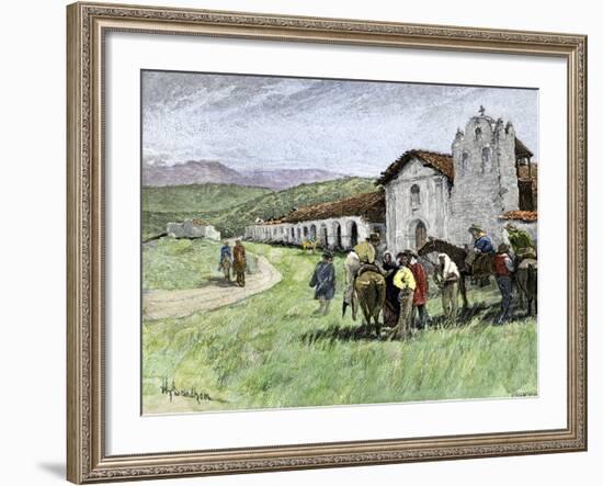 Group of Vaqueros Outside Santa Inez Mission in California, 1800s-null-Framed Giclee Print
