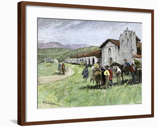 Group of Vaqueros Outside Santa Inez Mission in California, 1800s-null-Framed Giclee Print