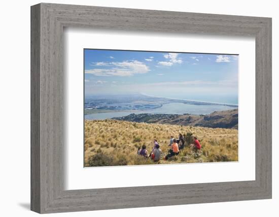 Group of young people enjoying a picnic on the Port Hills, Christchurch, Canterbury, South Island, -Ruth Tomlinson-Framed Photographic Print