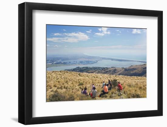 Group of young people enjoying a picnic on the Port Hills, Christchurch, Canterbury, South Island, -Ruth Tomlinson-Framed Photographic Print