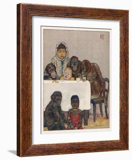 "Group of Young Primates", Young Monkeys and Children-E. Yarrow-Framed Art Print