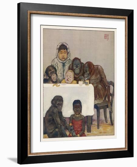 "Group of Young Primates", Young Monkeys and Children-E. Yarrow-Framed Art Print