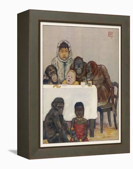 "Group of Young Primates", Young Monkeys and Children-E. Yarrow-Framed Stretched Canvas