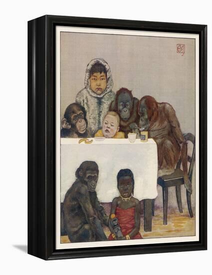 "Group of Young Primates", Young Monkeys and Children-E. Yarrow-Framed Stretched Canvas