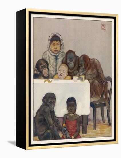 "Group of Young Primates", Young Monkeys and Children-E. Yarrow-Framed Stretched Canvas