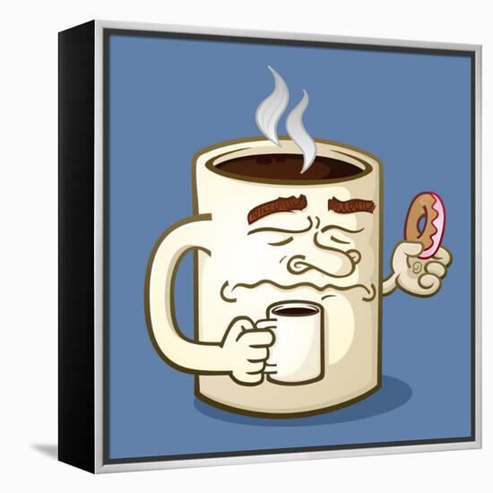 Grumpy Coffee Cartoon Character Eating A Donut-Tony Oshlick-Framed Stretched Canvas