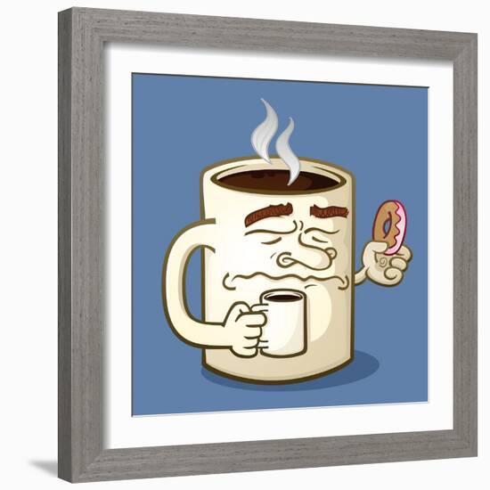 Grumpy Coffee Cartoon Character Eating A Donut-Tony Oshlick-Framed Premium Giclee Print