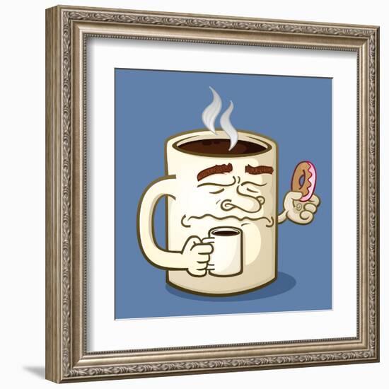 Grumpy Coffee Cartoon Character Eating A Donut-Tony Oshlick-Framed Art Print