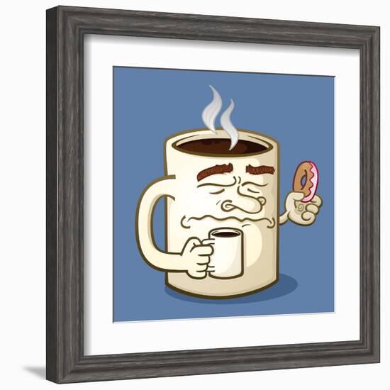 Grumpy Coffee Cartoon Character Eating A Donut-Tony Oshlick-Framed Art Print