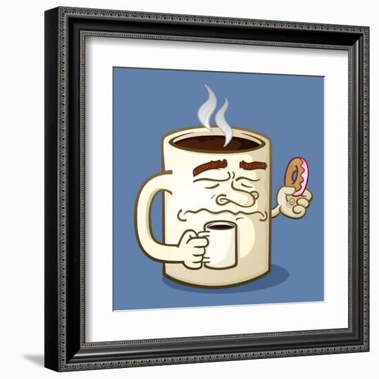 Grumpy Coffee Cartoon Character Eating A Donut-Tony Oshlick-Framed Art Print