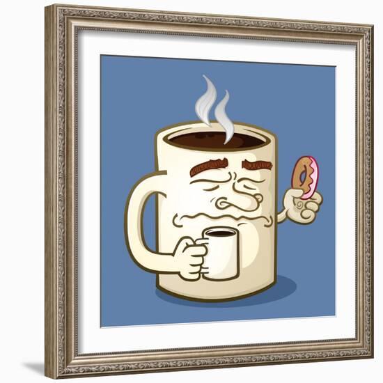 Grumpy Coffee Cartoon Character Eating A Donut-Tony Oshlick-Framed Art Print