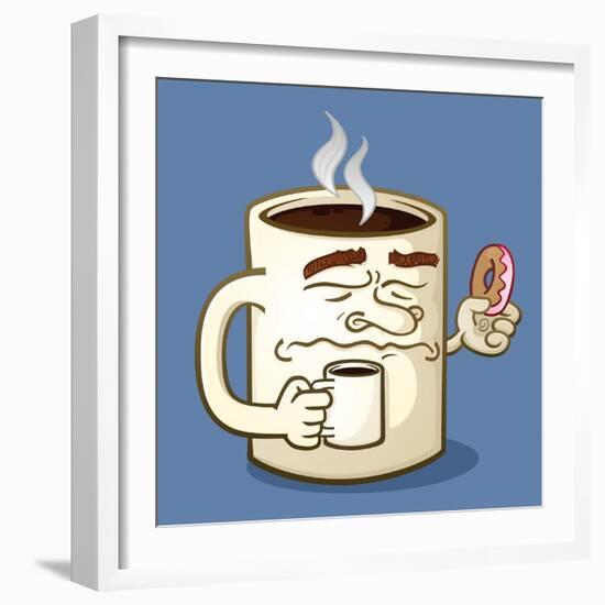 Grumpy Coffee Cartoon Character Eating A Donut-Tony Oshlick-Framed Art Print