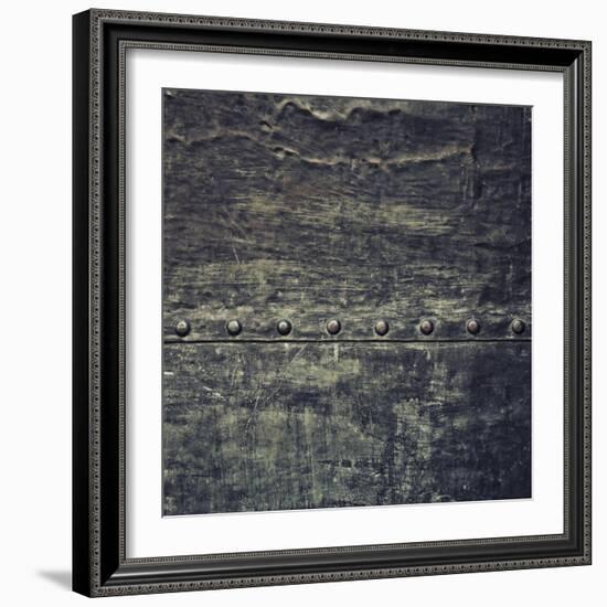 Grunge Black Metal Plate with Rivets Screws Background Texture-Voy-Framed Art Print