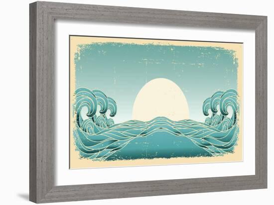 Grunge Blue Waves With Sun.Painted Background On Old Paper Texture-GeraKTV-Framed Art Print