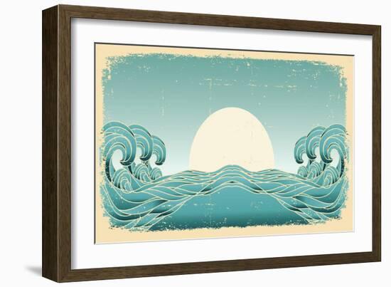 Grunge Blue Waves With Sun.Painted Background On Old Paper Texture-GeraKTV-Framed Art Print