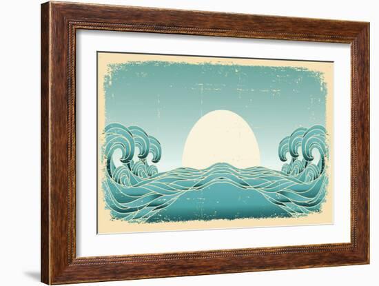 Grunge Blue Waves With Sun.Painted Background On Old Paper Texture-GeraKTV-Framed Art Print