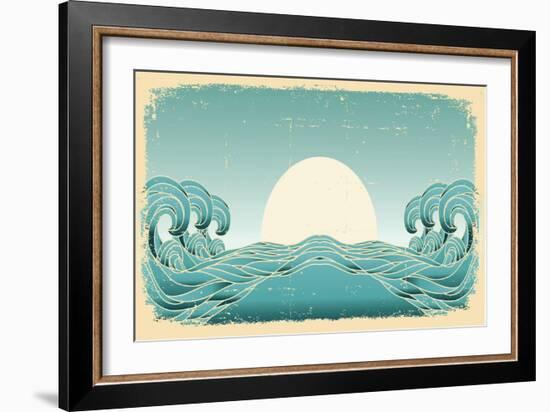 Grunge Blue Waves With Sun.Painted Background On Old Paper Texture-GeraKTV-Framed Art Print