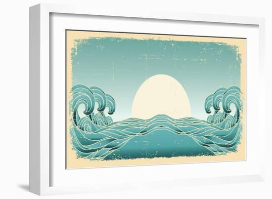 Grunge Blue Waves With Sun.Painted Background On Old Paper Texture-GeraKTV-Framed Art Print