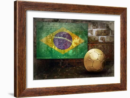 Grunge Flag Of Brasil On The Wall And Ball-yuran-78-Framed Art Print