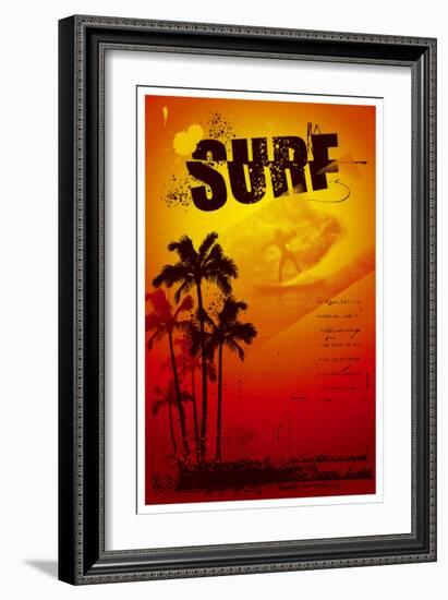 Grunge Surf Poster with Palms and Sunset-locote-Framed Art Print