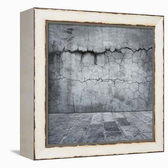 Grungy Distressed Stone Wall and Floor with Large Cracks-landio-Framed Stretched Canvas