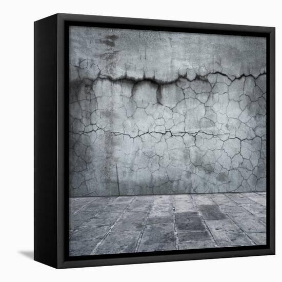 Grungy Distressed Stone Wall and Floor with Large Cracks-landio-Framed Stretched Canvas