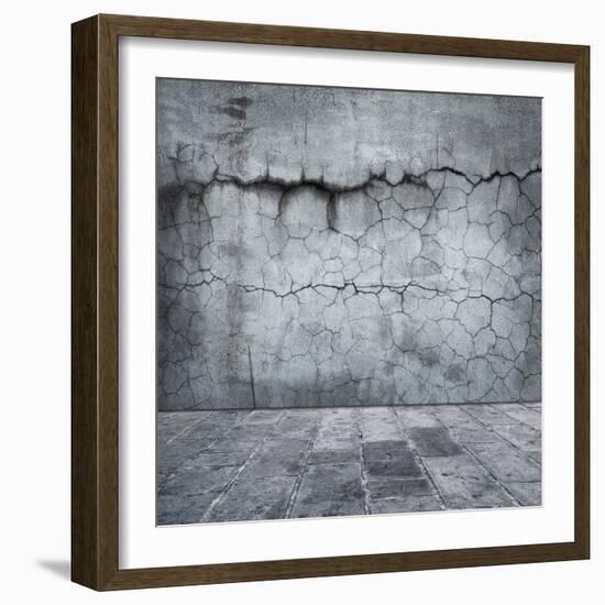 Grungy Distressed Stone Wall and Floor with Large Cracks-landio-Framed Art Print