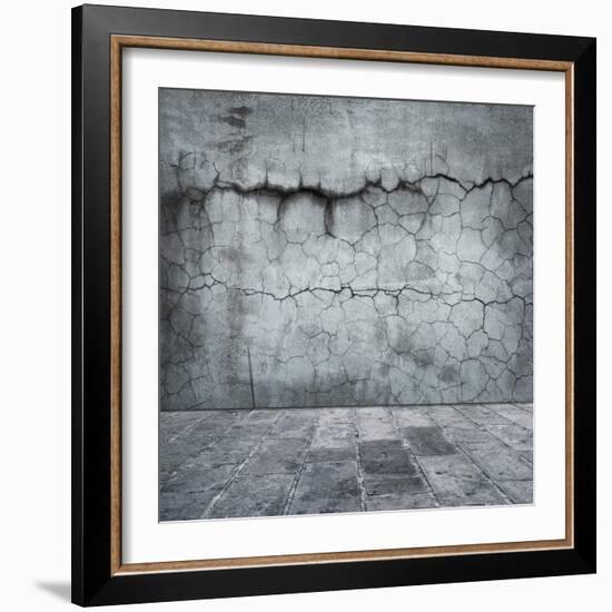 Grungy Distressed Stone Wall and Floor with Large Cracks-landio-Framed Art Print