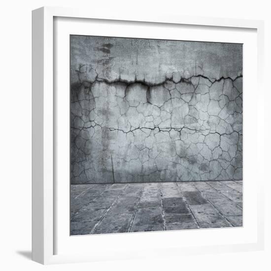 Grungy Distressed Stone Wall and Floor with Large Cracks-landio-Framed Art Print