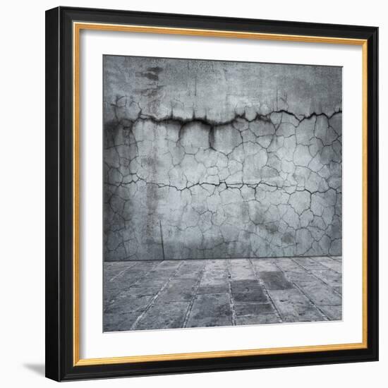 Grungy Distressed Stone Wall and Floor with Large Cracks-landio-Framed Art Print