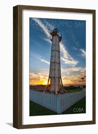 Guantanamo Bay, Cuba - Sunset and Lighthouse-Lantern Press-Framed Art Print