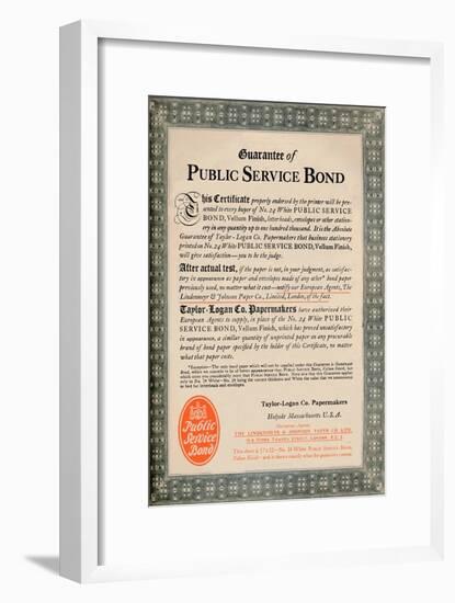 'Guarantee of Public Service Bond - Taylor-Logan Co. Papermakers advert', 1919-Unknown-Framed Giclee Print